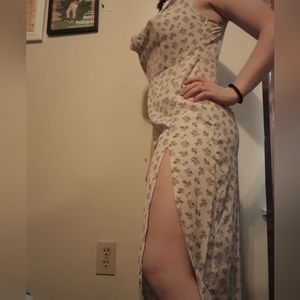 Long, white dress with pink flowers